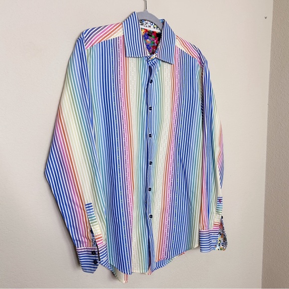 Robert Graham Mens Large Sport Shirt Rainbow Stripe Floral Flip Cuff | Size M - Picture 2 of 10